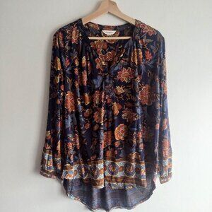 Lucky Brand Floral Blouse L Navy Tan Knit Relaxed Fit Tunic Top